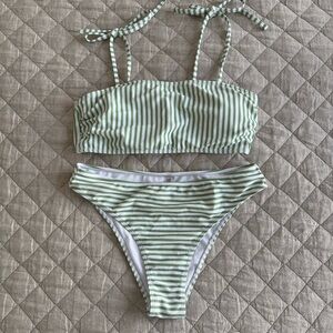 Green & White Striped Bikini Set with Convertible Strapless Top & Midrise Bottom